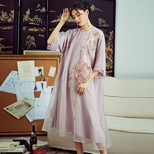 陌遇原创夏季中国风100%真丝圆领改良大码袍子新中式禅意连衣裙