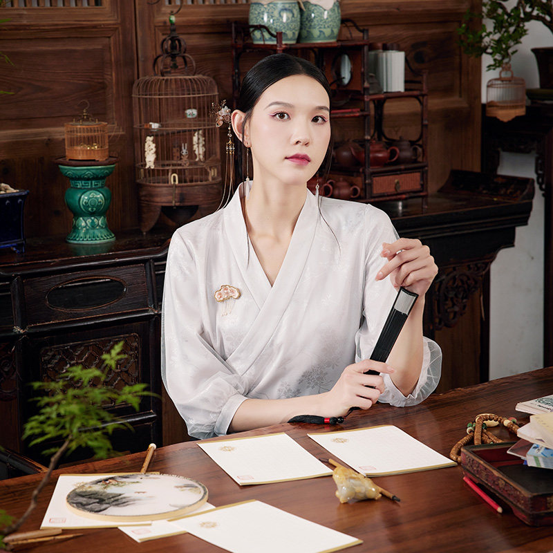 陌遇丨玄月丨中国风夏季新款改良汉元素交领系带文艺茶服衬衫上衣