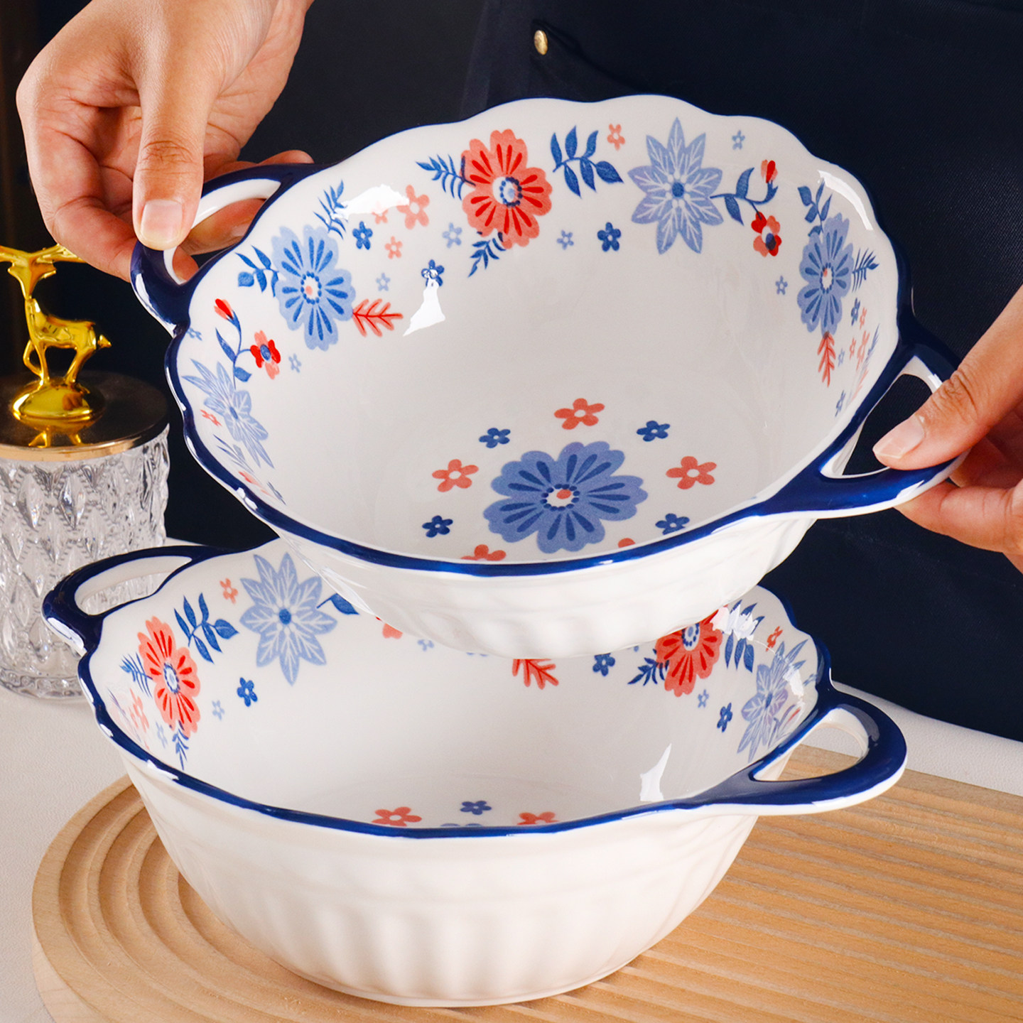 家用釉下彩10.5英寸陶瓷双耳碗