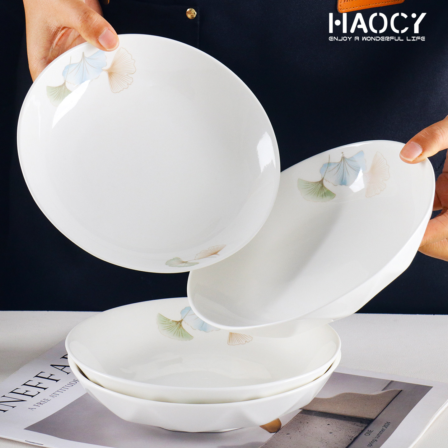 Haocy 陶瓷菜盘釉下彩家用2026新款简约风银杏叶高级感中式菜碟子,餐饮具,盘,淘宝优惠券,粉丝福利购,淘宝优惠卷