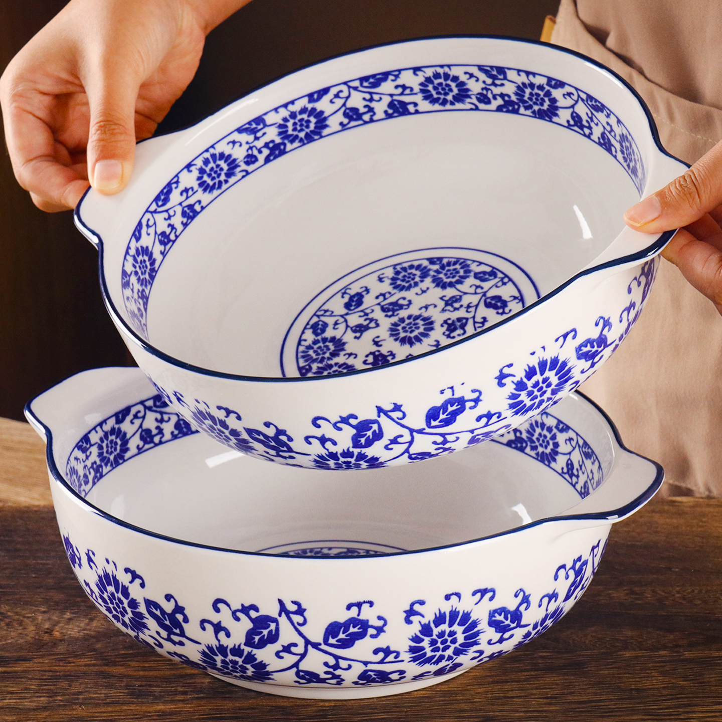 青花瓷双耳10英寸家用大号汤盆