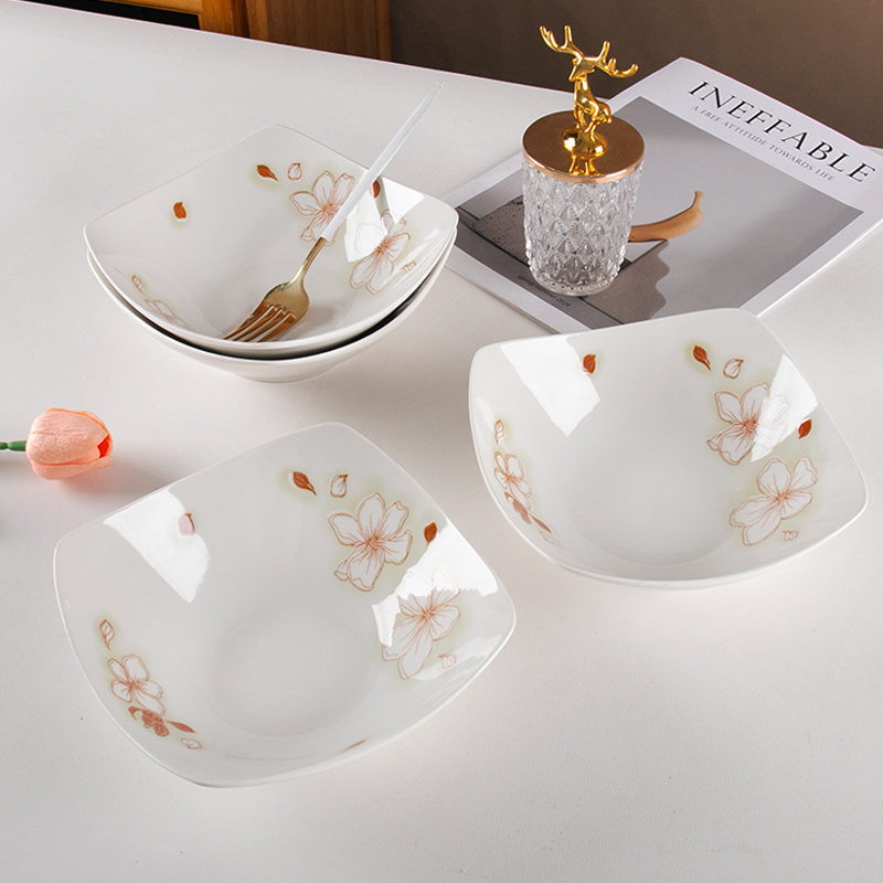 四角碗4只装家用餐盘8英寸凉菜盘蔬菜水果沙拉碗陶瓷翘脚碗四角盘