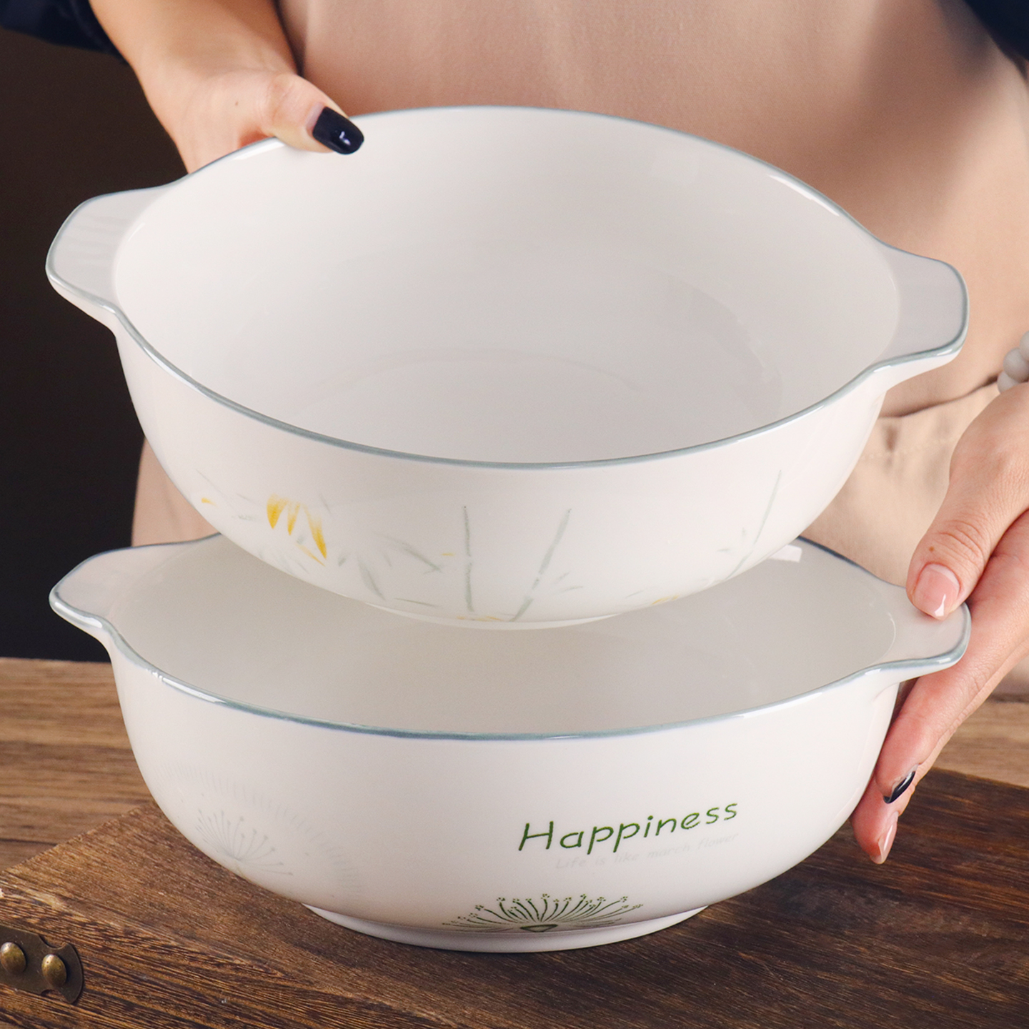 陶瓷双耳碗10.5英寸大号汤碗