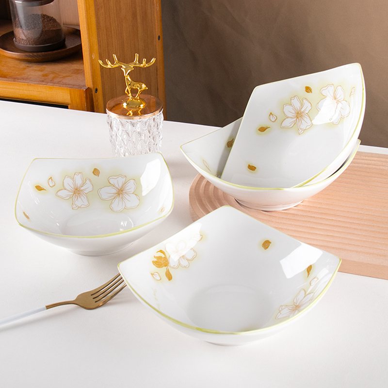 四角盘家用黄金叶菜盘子翘脚碗