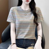 条纹正肩t恤女夏季 上衣 2025洋气妈妈圆领短袖 新款 宽松显瘦体恤衫