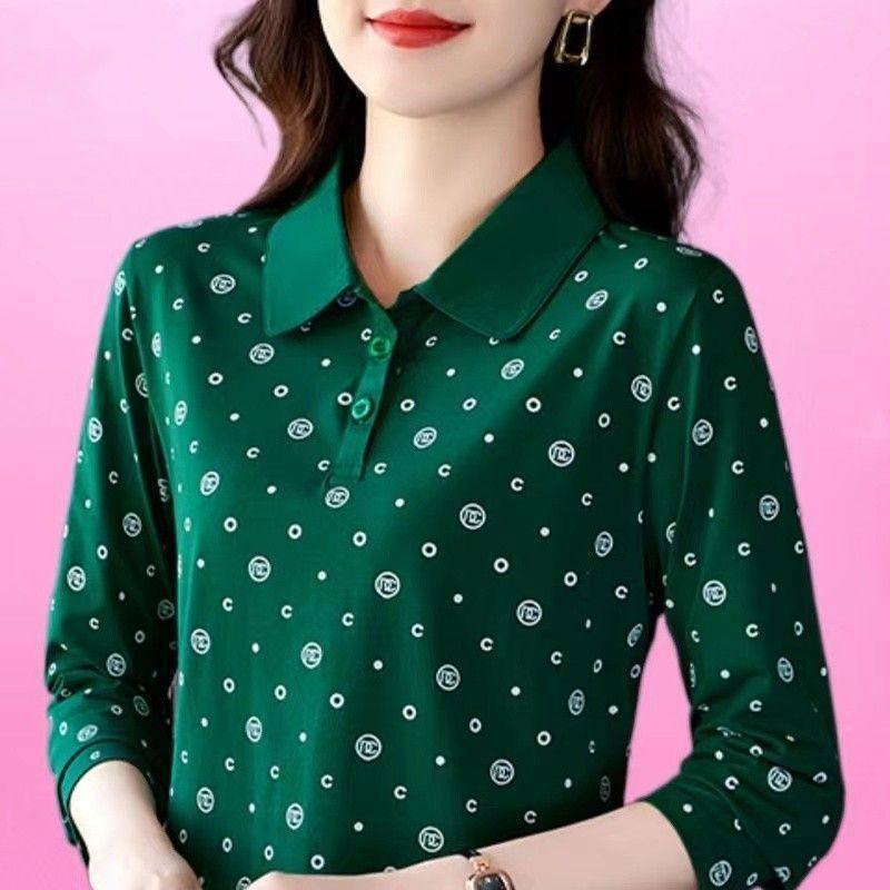 春秋季时尚减龄长袖T恤女2025新款中老年妈妈翻领Polo大码打底衫