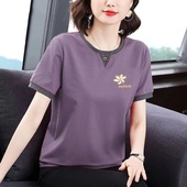 大码 2025新款 妈妈圆领体恤宽松显瘦小个子上衣 T恤女夏季 纯棉短袖