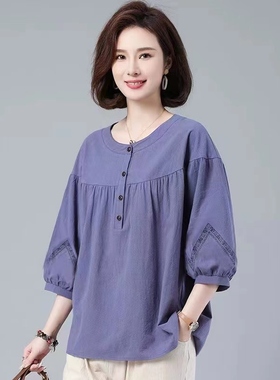 2025新款棉麻上衣女七分袖t恤中袖洋气宽松中年妈妈小衫遮肚夏装