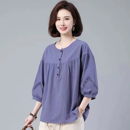 棉上衣女七分袖t恤中年妈妈小衫