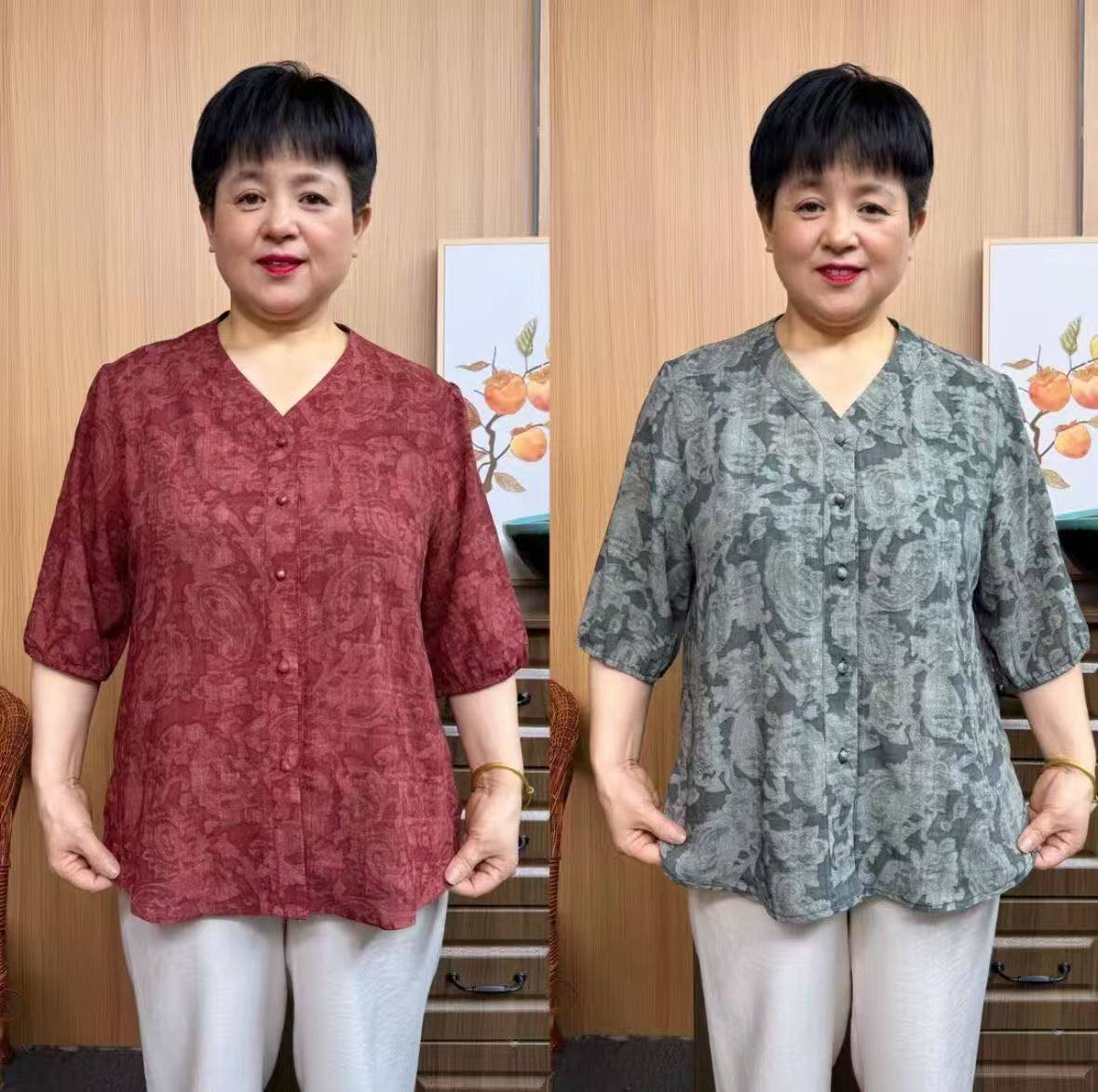 V领半袖大码中老年人t恤女