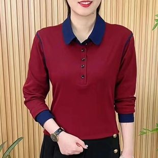 polo上衣打底衫 t恤女宽松大码 洋气翻领中年妈妈长袖 2025秋冬新款