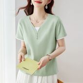 夏季 中年妈妈宽松显瘦减龄上衣女 女装 假两件短袖 t恤女v领洋气大码