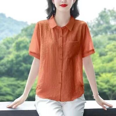 大码棉麻短袖衬衫妈妈夏装减龄