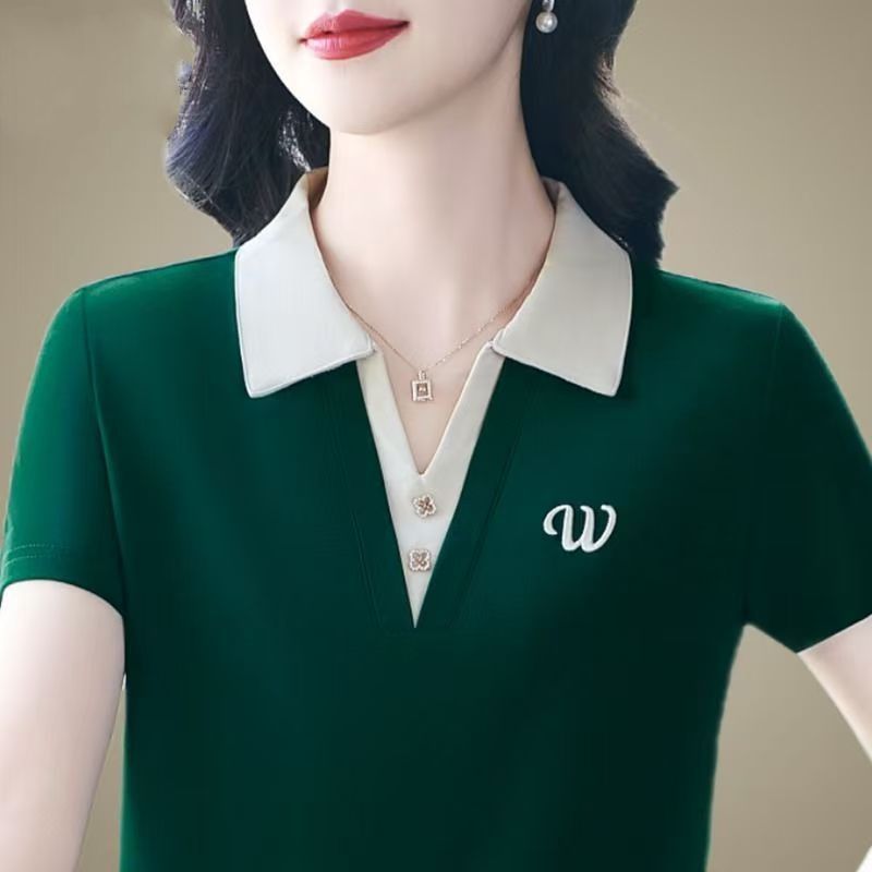时尚翻领短袖T恤女夏季新款宽松显瘦上衣大码洋气减龄中年妈妈装