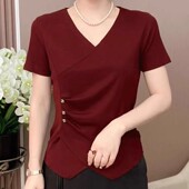 2025新款 不规则显瘦减龄上衣女 T恤夏季 洋气中老年女装 妈妈V领短袖