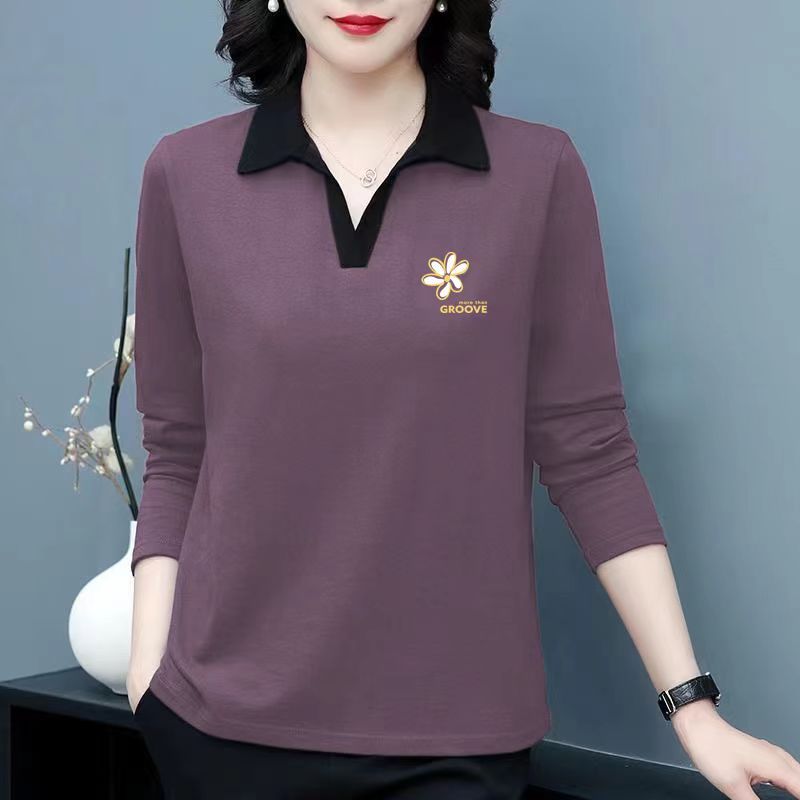 春秋新款纯棉长袖t恤女中年妈妈洋气减龄上衣翻领大码打底polo衫