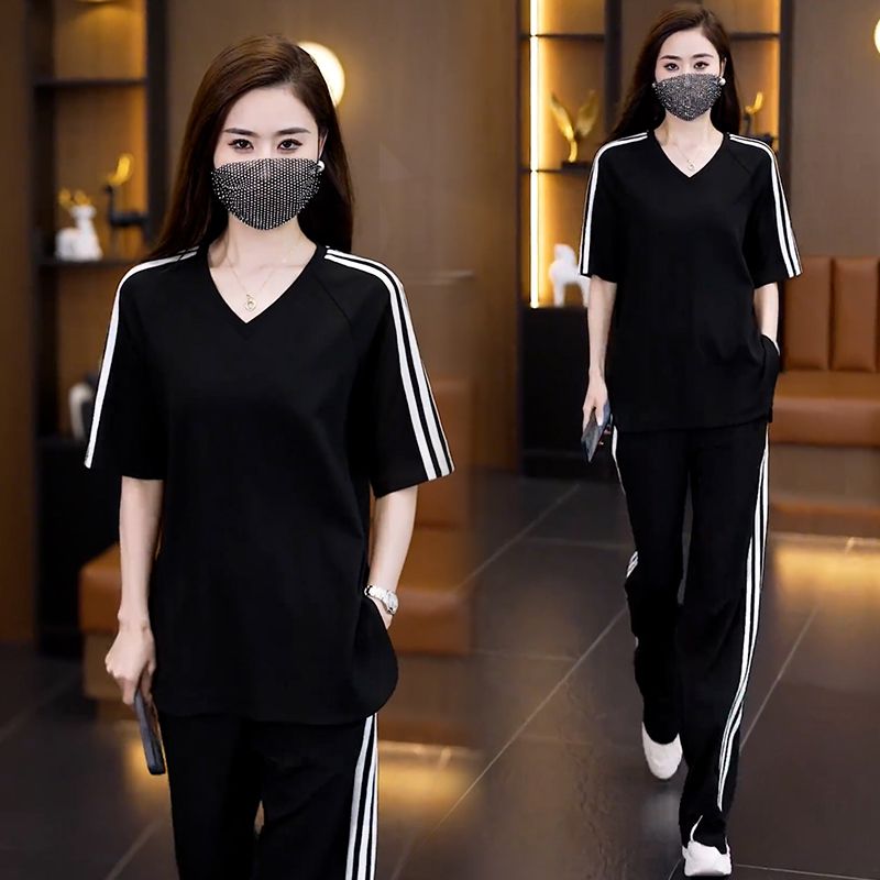 时尚洋气V领短袖阔腿裤两件套