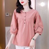 棉麻衬衫 中袖 女士2023夏季 五分袖 新款 纯棉大码 妈妈衬衣短袖 上衣服