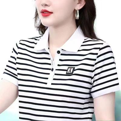 翻领妈妈洋气条纹POLO领上衣