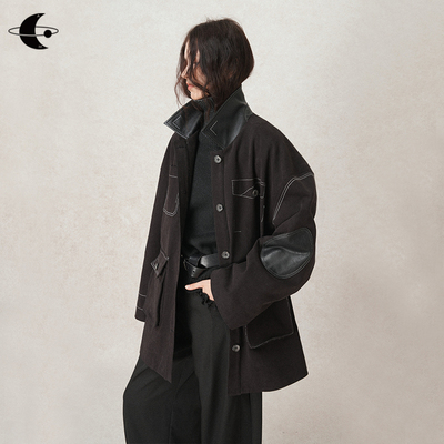 创世纪元【重墨月痕】巴恩风撞色外套女复古落肩纯棉拼接皮革夹克