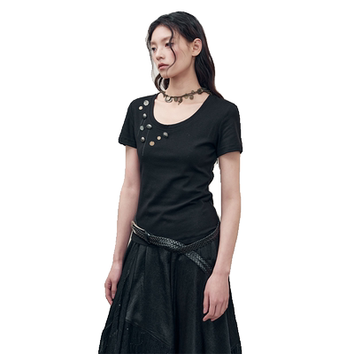 AnnoMundi创世纪元 原创设计感 月落星沉 立体纽扣低圆领短袖T恤