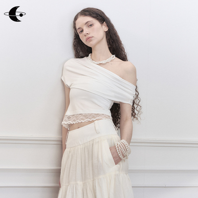 创世纪元【绣月叠影】短款设计感蕾丝拼接针织T恤夏斜肩短袖上衣