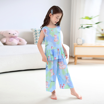 夏季女童人造棉休闲无袖裙子七分裤套装薄款棉绸女宝宝空调家居服