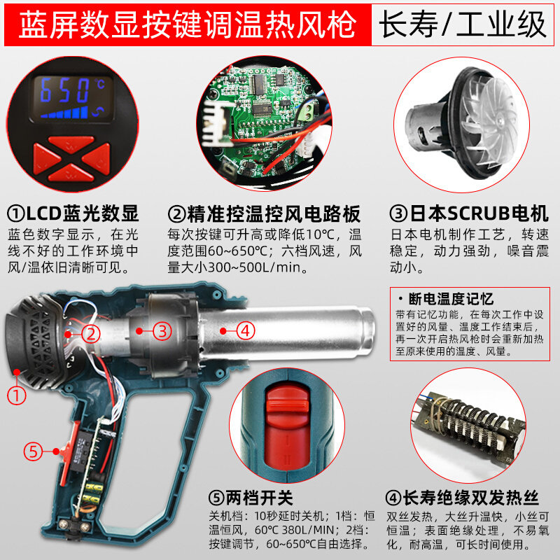 。NAKIOO热风枪数显调温大功率贴膜烤枪工业级热缩膜小型吹风机烘