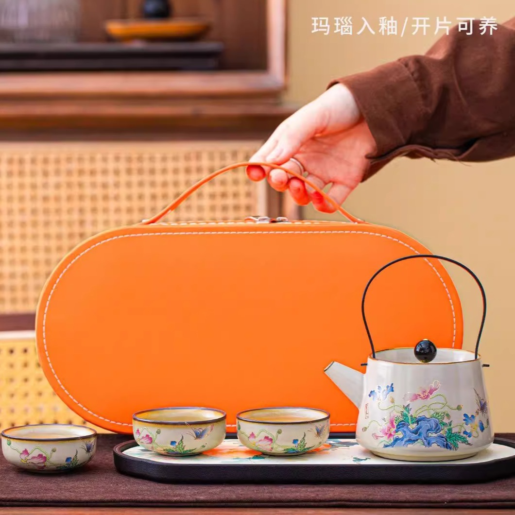米黄汝窑功夫茶具套装家用办公室高档陶瓷开片可养提梁壶茶杯茶盘