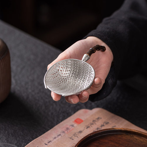 日式纯锡茶漏斗漏网茶铲家用长柄茶拨茶荷过滤器茶具零配件六君子