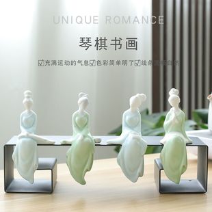 陶瓷工艺品美女摆件琴棋书画休闲侍女摆件精致客厅茶桌房间装饰品