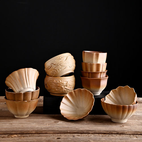 柴烧茶杯复古土仿陶粗陶功夫茶具围炉煮茶斗笠个人茶杯喝茶主人杯