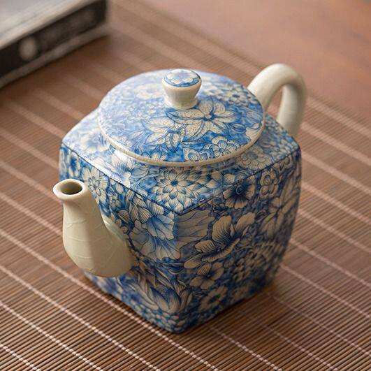 汝窑繁花茶壶过滤单壶陶瓷汉方壶复古家用功夫茶具开片青花泡茶壶