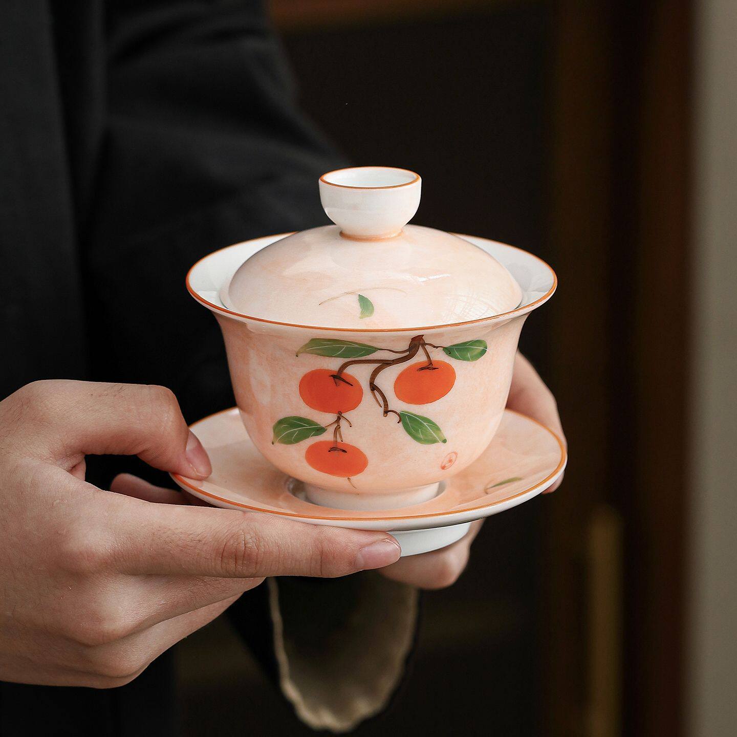 手绘釉下彩柿柿如意粉彩三才盖碗功夫茶具单盖碗防烫设计