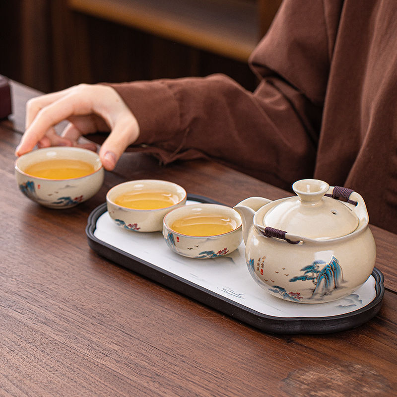 黄汝窑旅行茶具套装一壶三杯手抓壶盖碗户外便携式泡茶专用快客杯