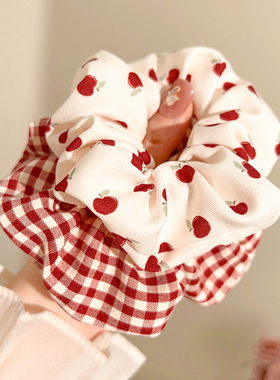 韩系红色苹果大肠发圈甜美格子丸子头发绳扎发皮筋新年头花发饰女