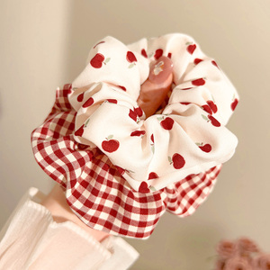 韩系红色苹果大肠发圈甜美格子丸子头发绳扎发皮筋新年头花发饰女