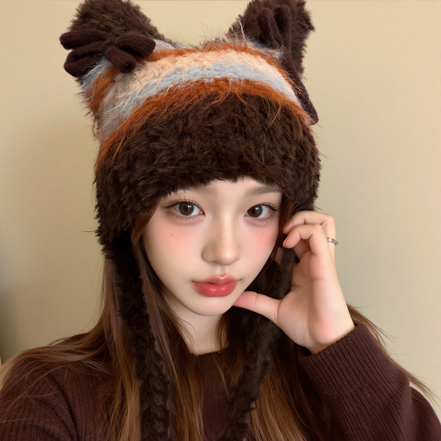 韩版可爱猫耳毛绒帽子显脸小