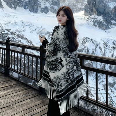 秋冬新中式水墨画披肩