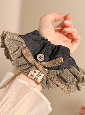 韩系重工灰色蕾丝蝴蝶结大肠发圈女扎头发皮筋丸子头发绳头花发饰