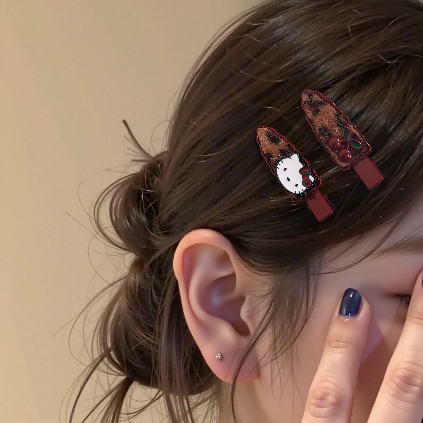 韩系复古樱桃小猫豹纹发夹