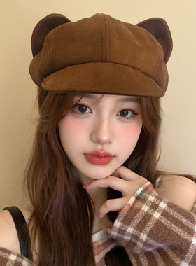 日系可爱猫耳朵贝雷帽女复古百搭显脸小八角帽大头围黑色画家帽子