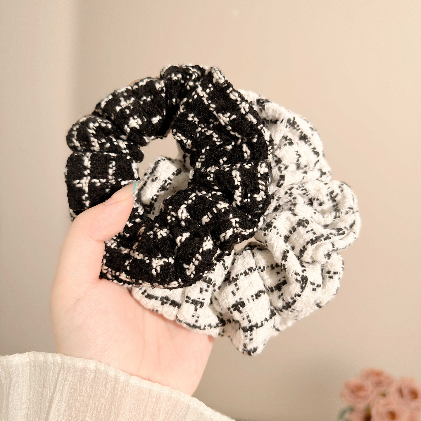 韩系小香风黑白格纹大肠发圈