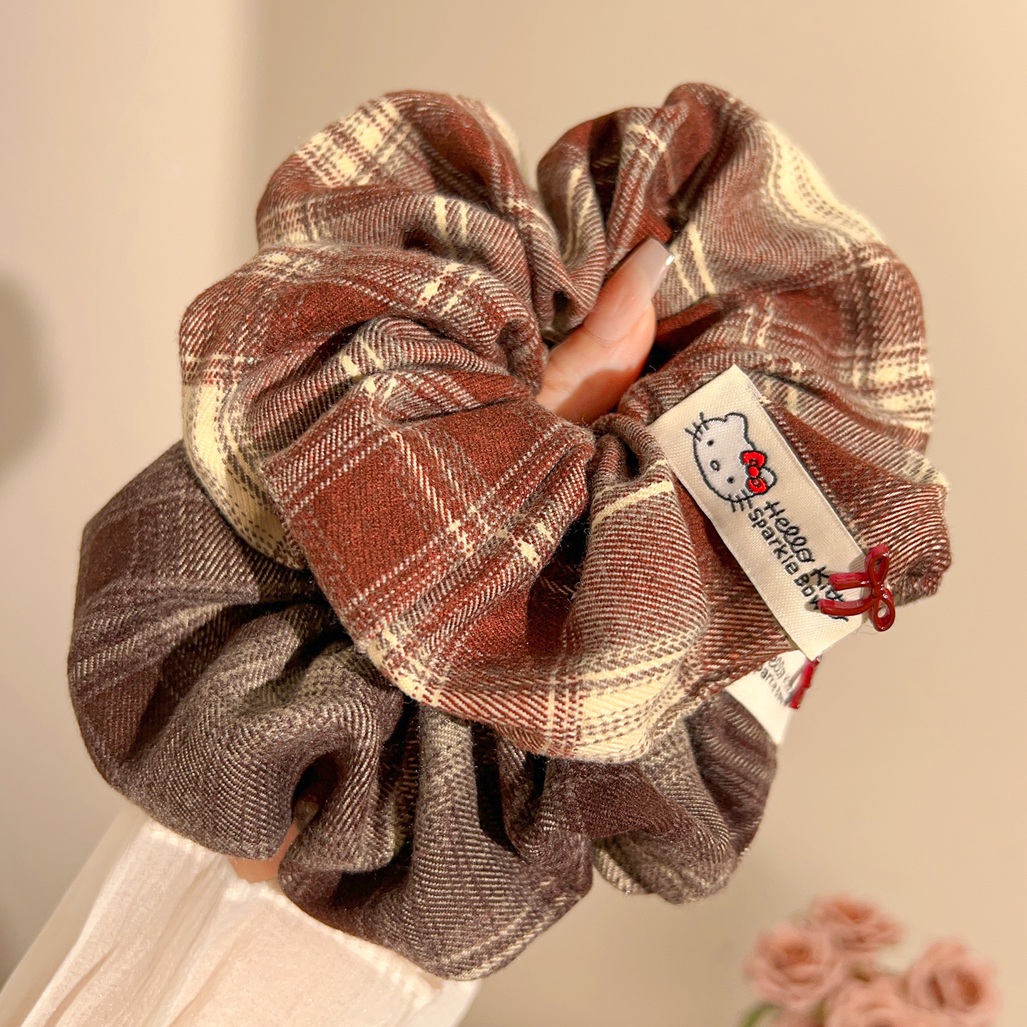 韩系格纹KT猫大肠发圈头绳