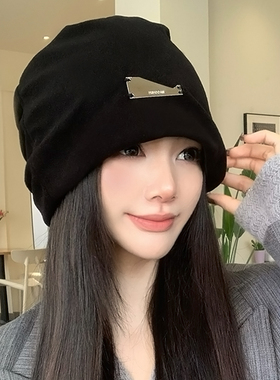 韩版高级感黑色堆堆帽女秋冬百搭头套月子帽大头围宽松显脸小帽子