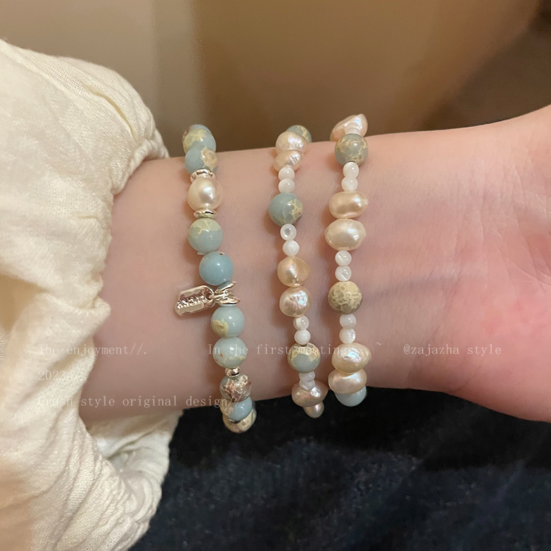 精致蓝色寿山石天然淡水珍珠手链女款双圈叠戴小众清新手串手饰品