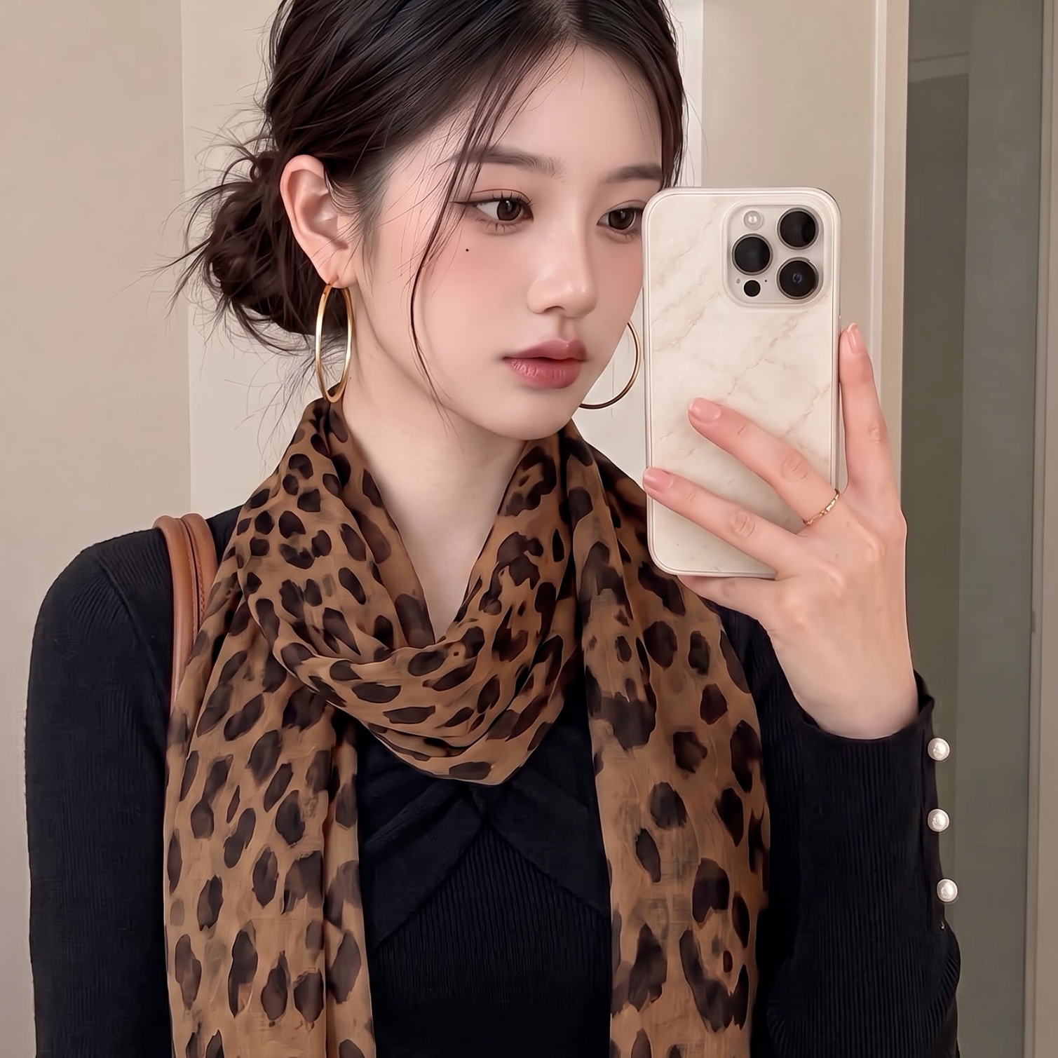法式复古豹纹轻薄长条丝巾通勤
