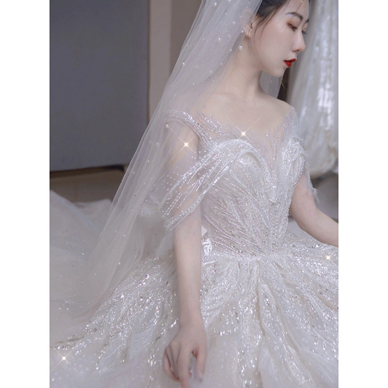 法式主婚纱2022春季新款新娘气质一字肩大拖尾小个子仙气婚纱