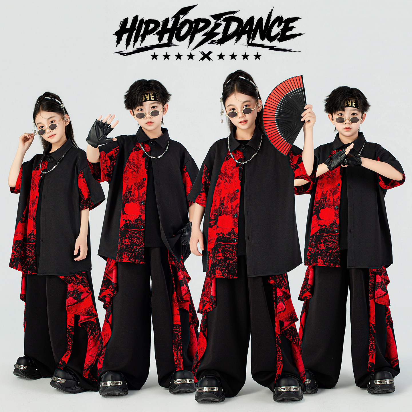 儿童街舞潮服男童中国风嘻哈国潮套装少儿hiphop女童衬衫表演服装图片
