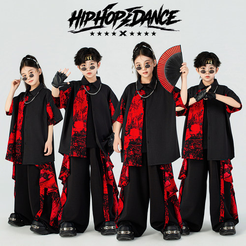 儿童街舞潮服男童中国风嘻哈国潮套装少儿hiphop女童衬衫表演服装